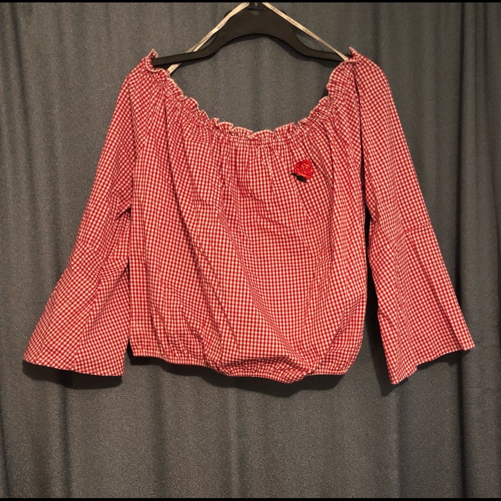 3x Red Gingham Peasant Top w Rose Appliqué